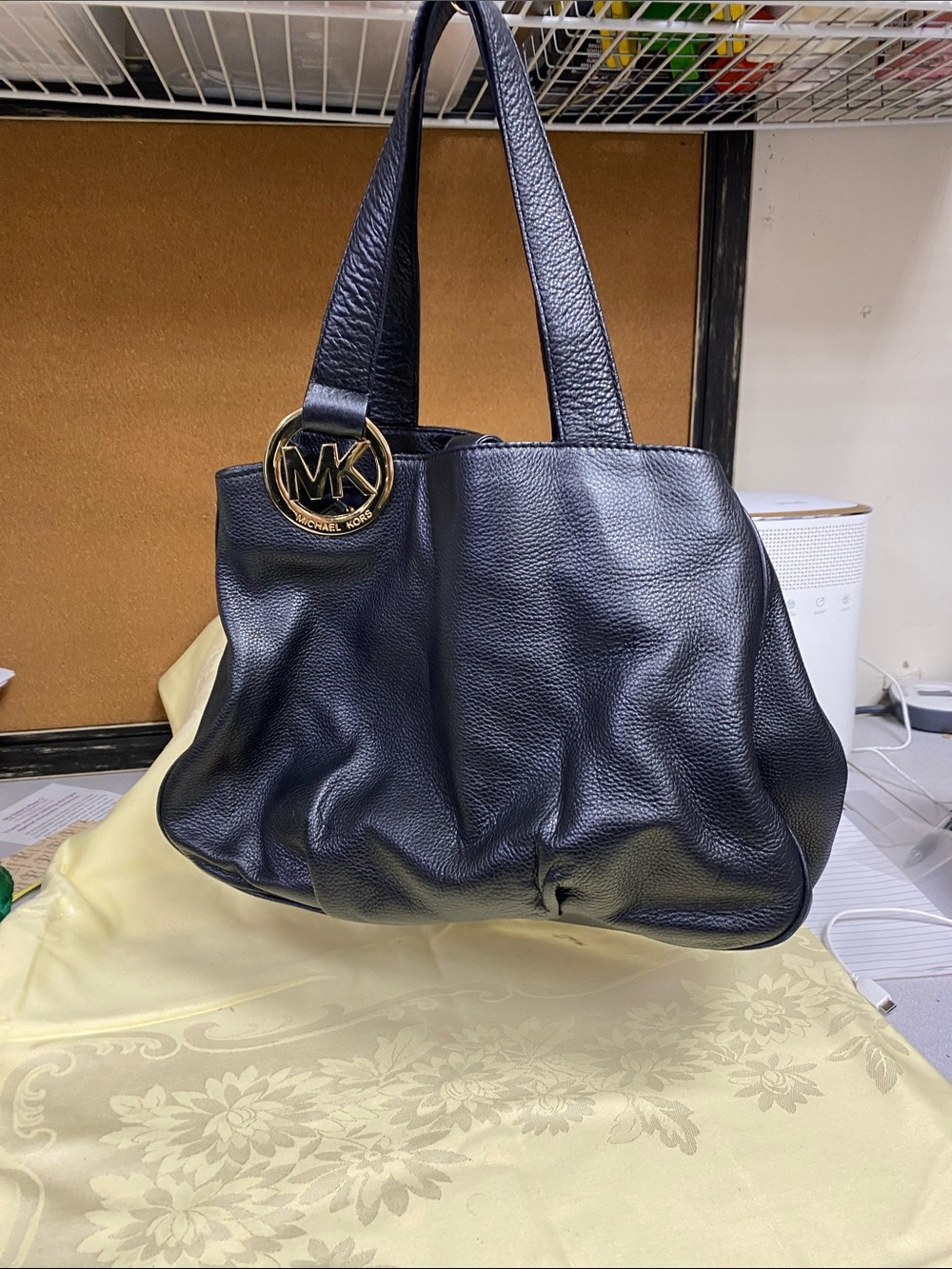 Michael Kors Black Leather Shoulder Bag with Gold MK Charm